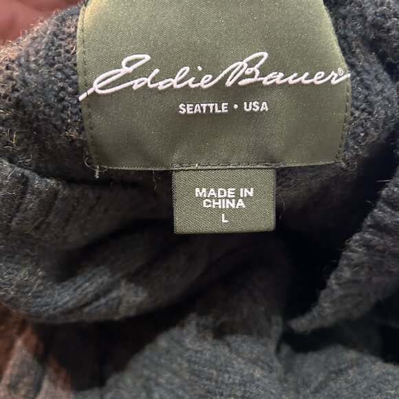 Vtg Eddie Bauer Mens Green Cable Knit Sweater L Wool Cotton Fisherman Cabincore - Picture 3 of 6